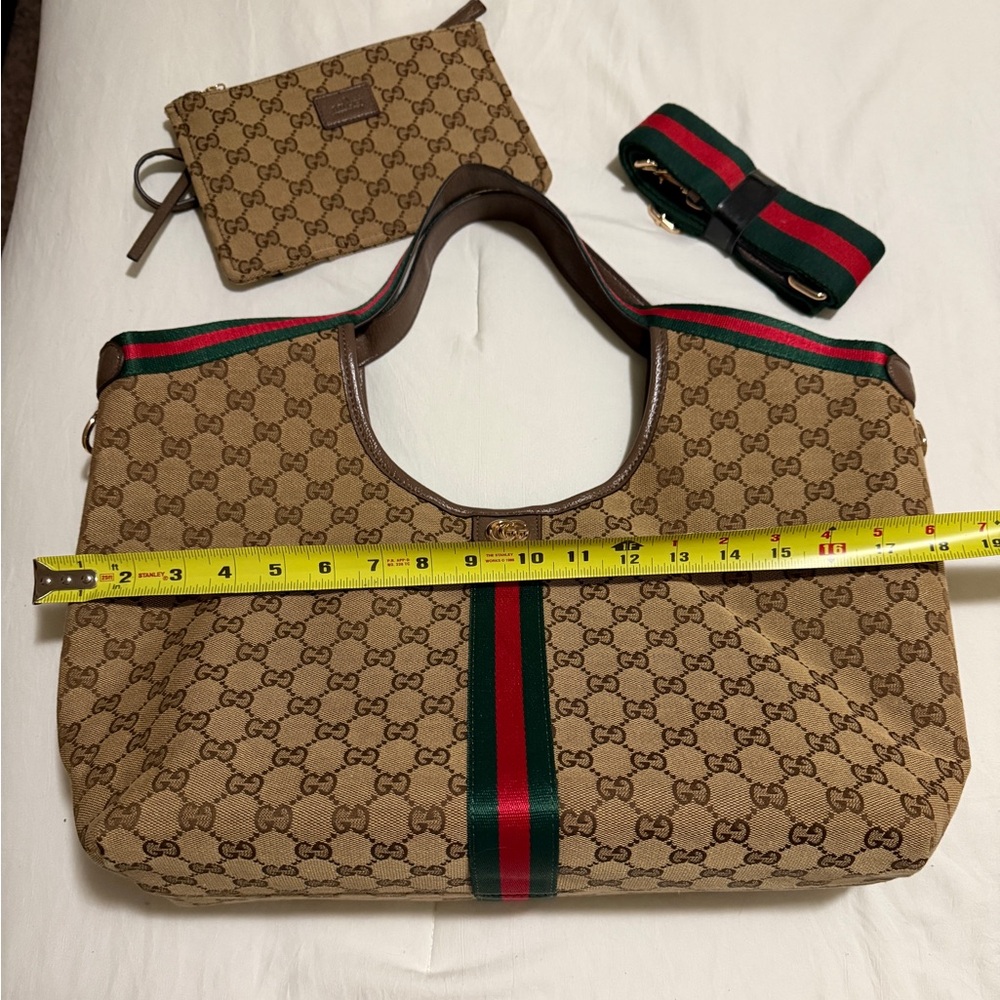 Brown Tote Bag with Green and Red Stripes - Picture 2 of 4